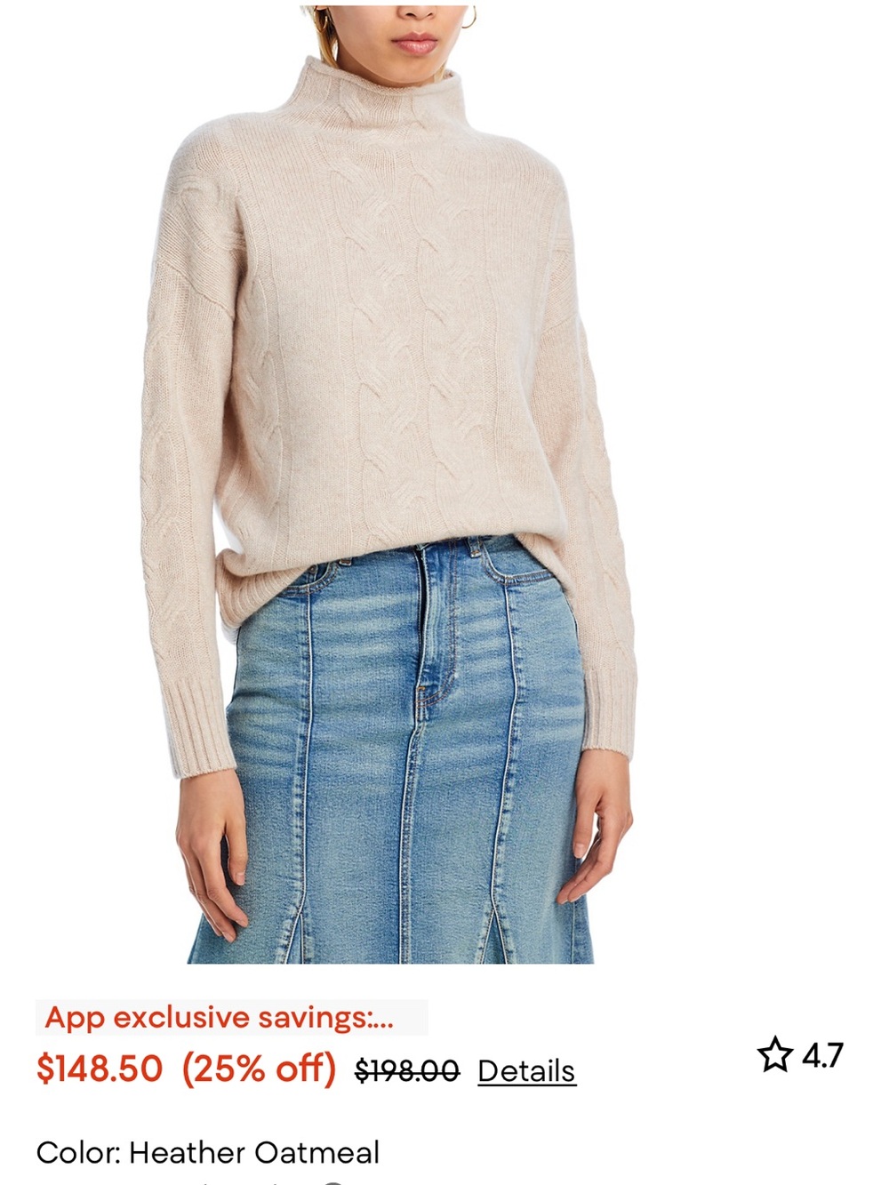 Heather Oatmeal Cable Turtleneck Cashmere Sweater